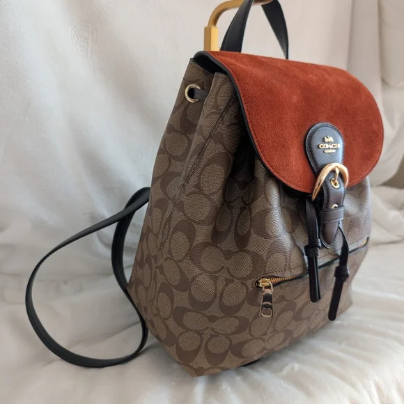 Coach Kleo Backpack Suede & Leather Monogram Signature C Orange Brown Gold Black - Picture 2 of 9